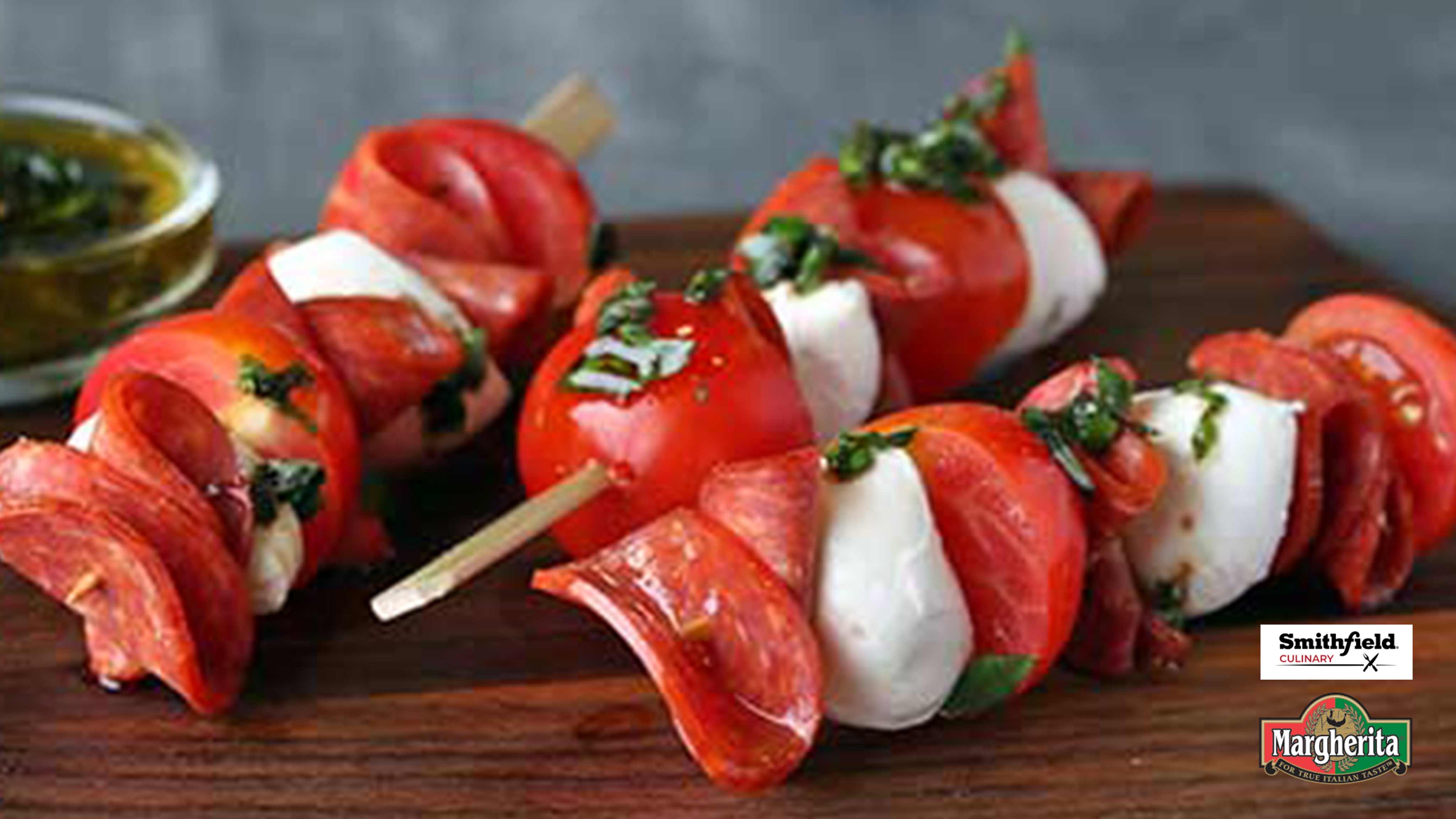 Image for Recipe Pepperoni Caprese Skewers with Basil Vinaigrette