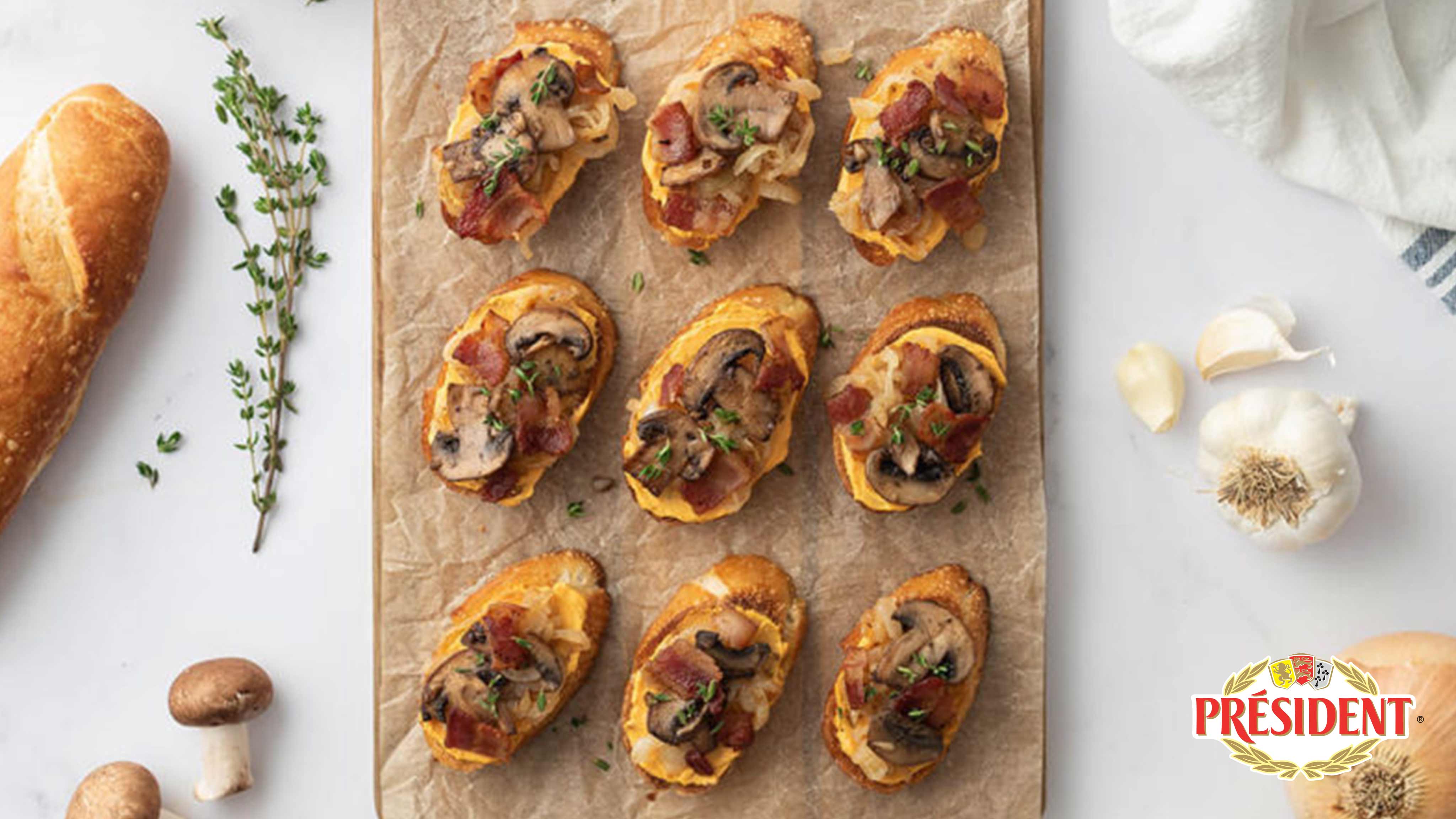 Image for Recipe Pub Cheese, Caramelized Onion, Bacon and Mushroom Crostini