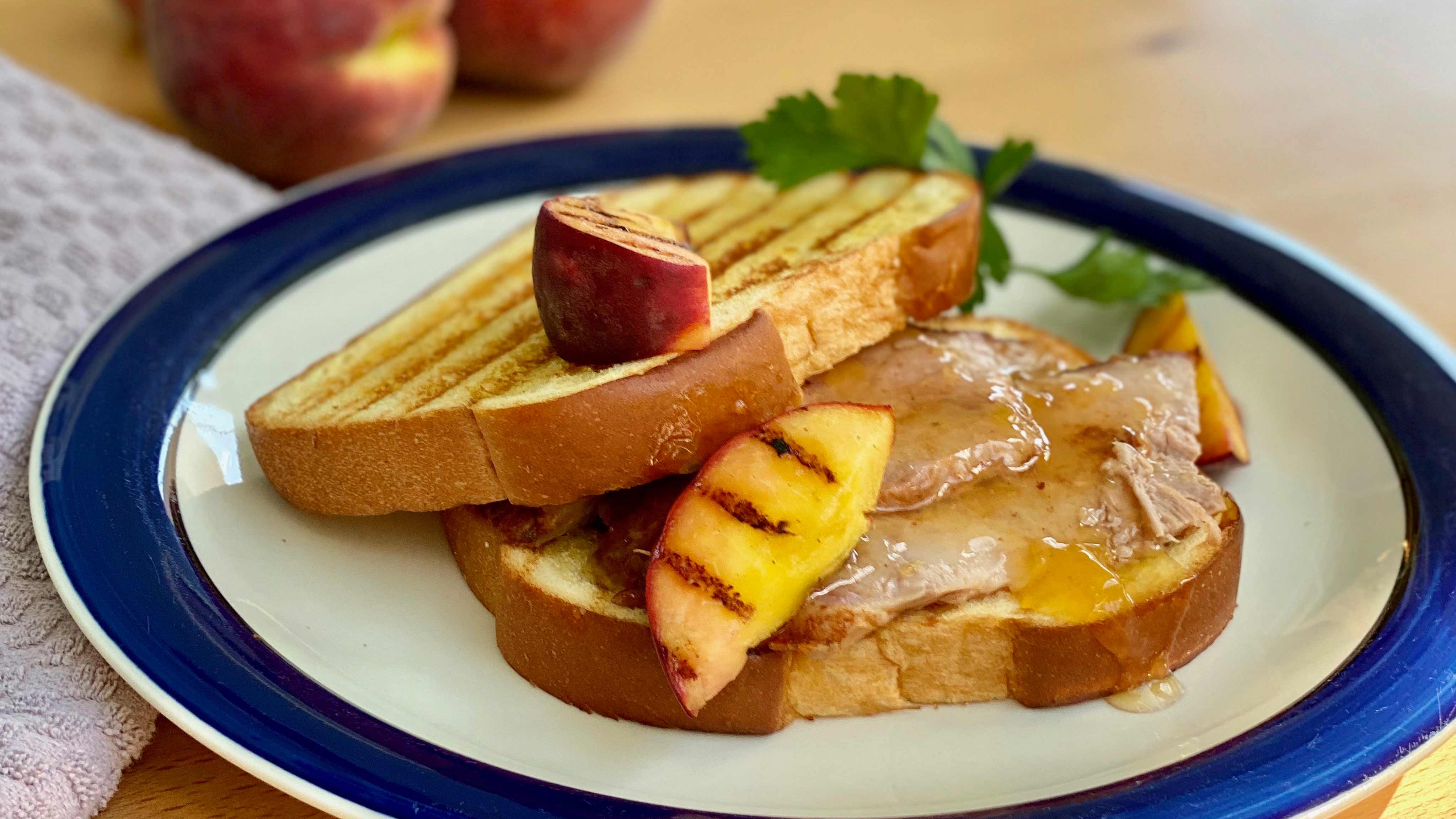 Image for Recipe Roasted Pork Shoulder with Grilled Peaches and Peach Glaze