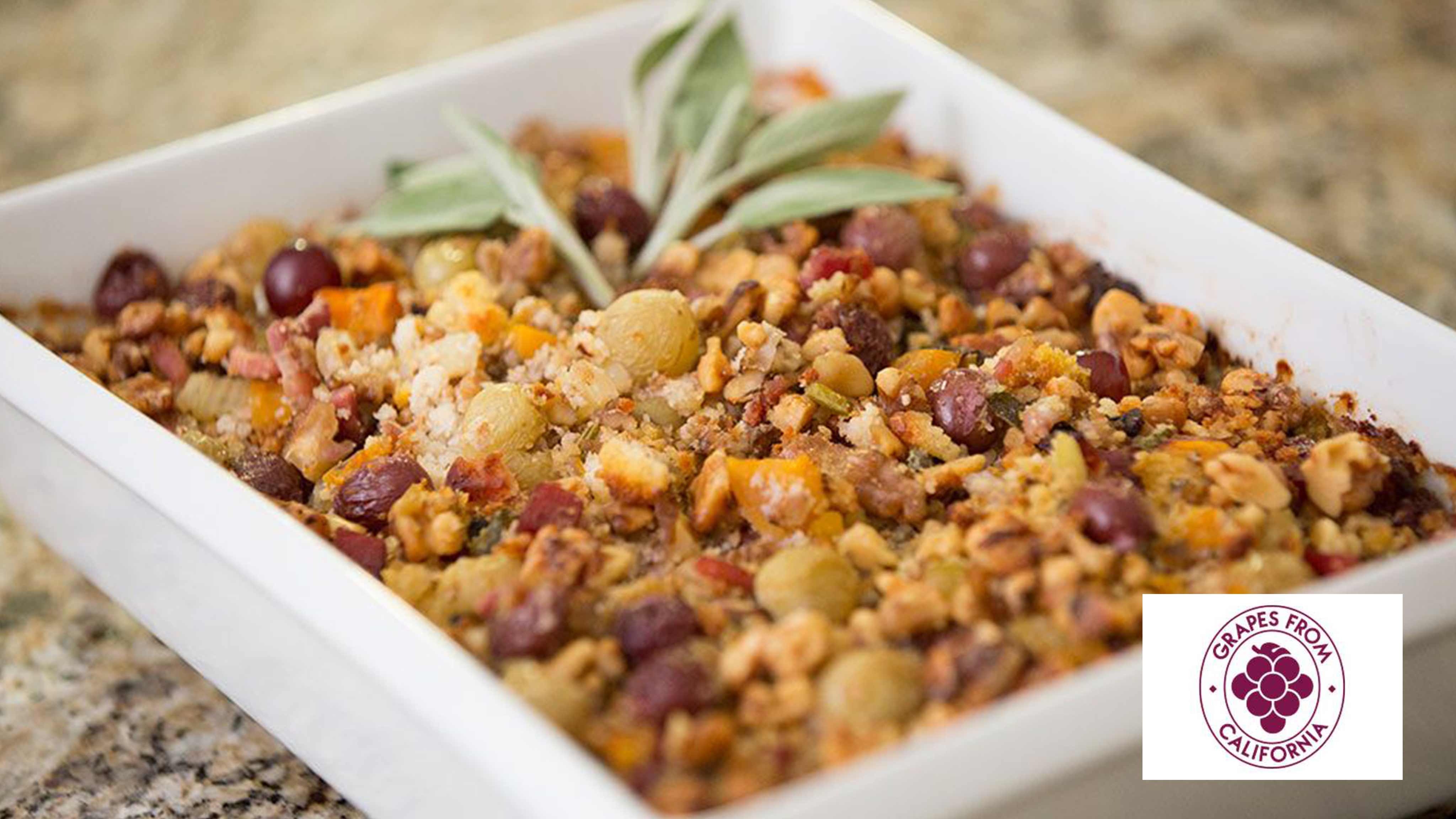 Image for Recipe Cornbread Dressing with Roasted Grapes, Walnuts, and Pancetta