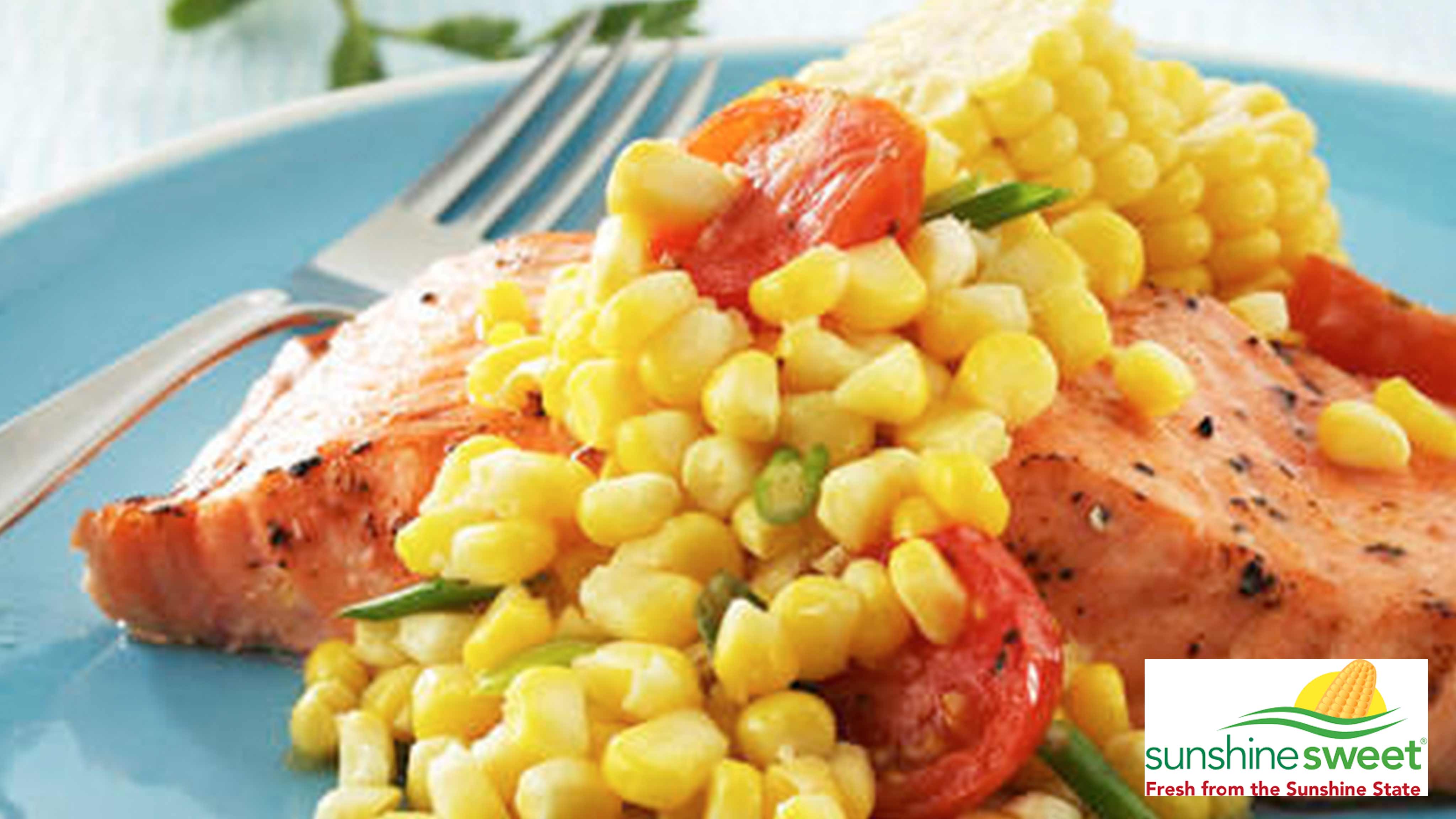 Image for Recipe Sweet Corn and Tomato Saute with Grilled Salmon